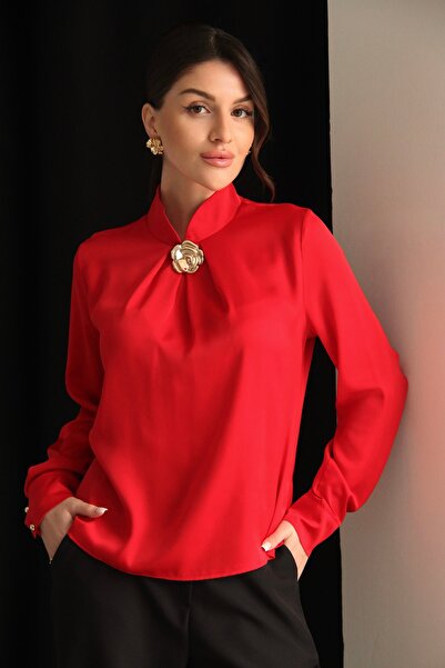 Julidress High Collar Gold Brooch Detailed Premium Satin Blouse Shirt