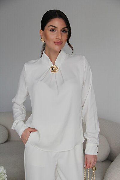 Julidress High Collar Gold Brooch Detailed Premium Satin Blouse Shirt