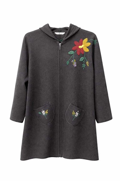 INFİVENTO Women's Hooded Knitwear Jacket with Embroidered Shoulders and Pockets