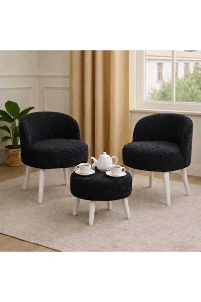 PUFMANYA ROMEO PELUŞ KUMAŞ GÜRGEN AYAKLI ÇAY SETİ 2 ADET SANDALYE +1 ADET PUF