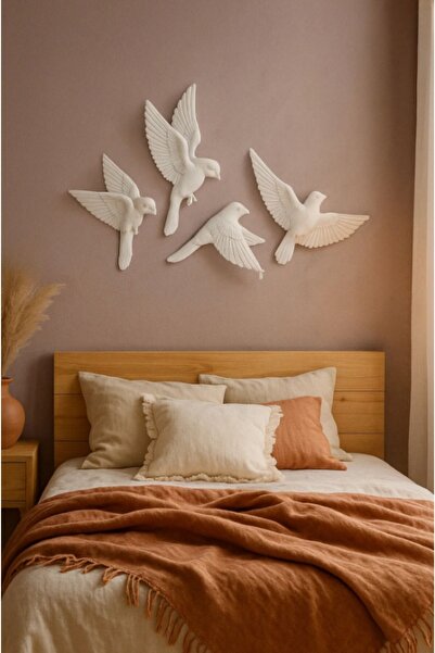Ares Home Beyaz Dekoratif Beyaz Uçan Kuş Figürlü Duvar Dekoru Biblo (4'lü Set)