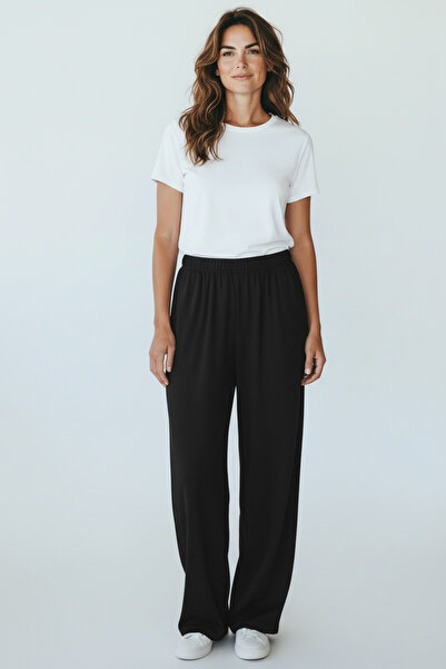 BİLGENS BUTİK Women's Seasonal Black Comfortable Pants with Pockets and Elast...