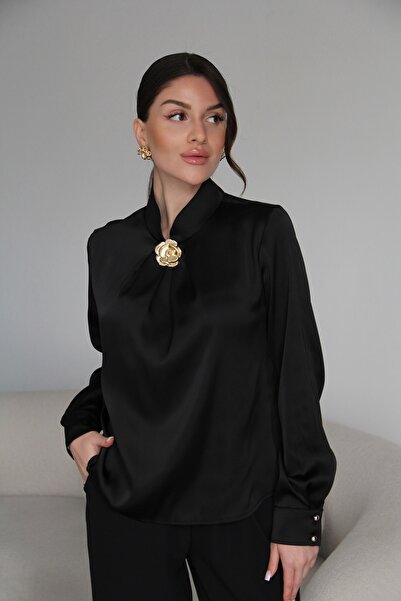 Julidress High Collar Gold Brooch Detailed Premium Satin Blouse Shirt