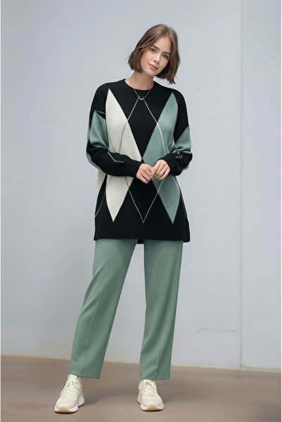 MAMAYAGA Women's Long Sleeve Diamond Pattern Crew Neck Tunic Oversized Knitwe...