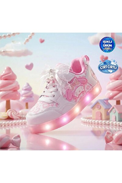 mocno White-Pink Lighted Girls' Sneaker Sports Shoes with Pearls and Bows