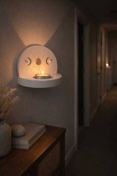 Karra Art Dekoratif Beton Duvar Mumluğu – Güneş ve Ay Figürlü El Yapımı Mumluk