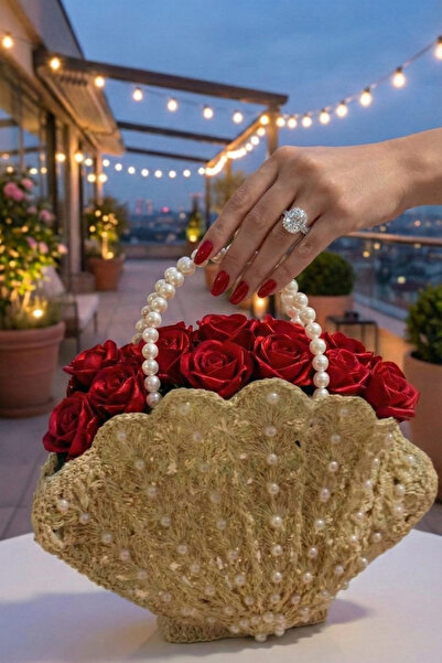 LunivellArt İncili Midye İstridye Hasır Çanta ve Solmayan Kırmızı Saten Kurde...