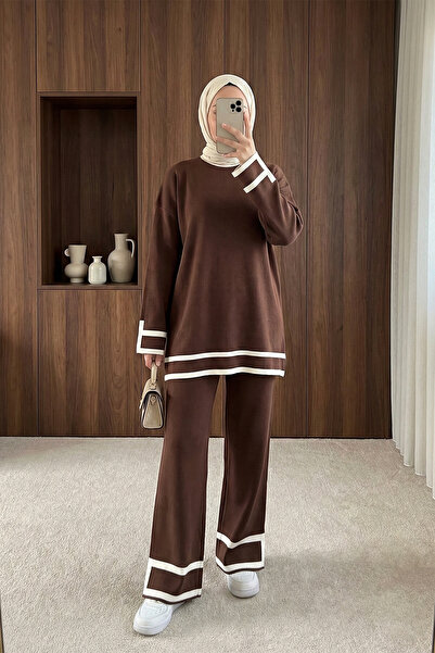 MODAQU Striped Cuffs Tunic Pants Knitwear Set - Brown
