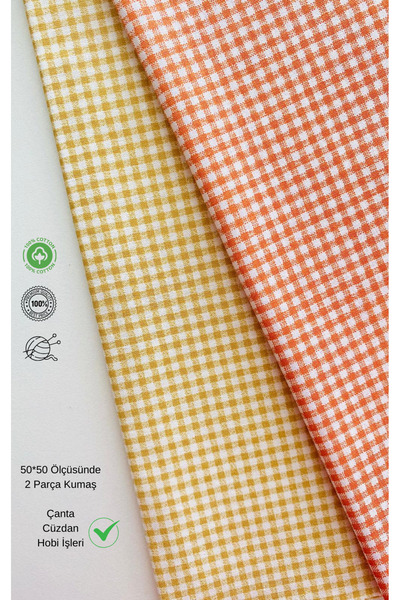 seyranat 2 Pieces of 50 cm Orange and Beige Gingham Patterned Cotton Fabric f...