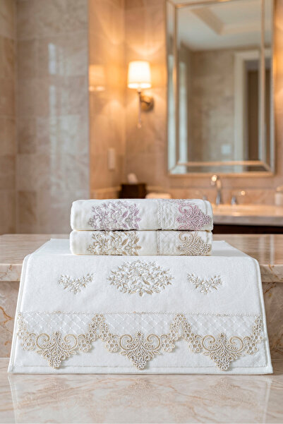 VELANORA HOME مجموعة من 3 مناشف زينة للعروس من سلسلة خاصة، مطرزة بالدانتيل، م...