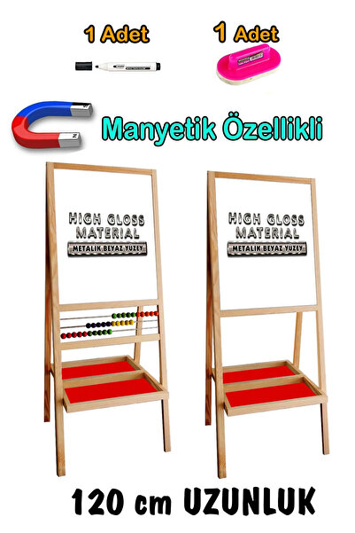 PinkToys 120 cm gerçek metal yüzey çift tarafı beyaz yarım abaküslü yazı tahtası