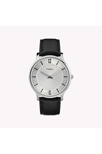 Timex Men's Black Leather Watch, Silver Dial | Tw2r50000