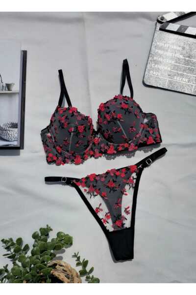arona lingerie Çıtır Çiçek Desenli Dolgusuz Siyah Sütyen Takım