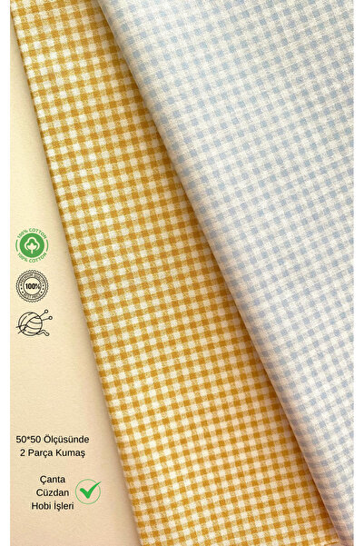 seyranat 2 Pieces of 50 cm Blue and Beige Gingham Patterned Cotton Fabric for...