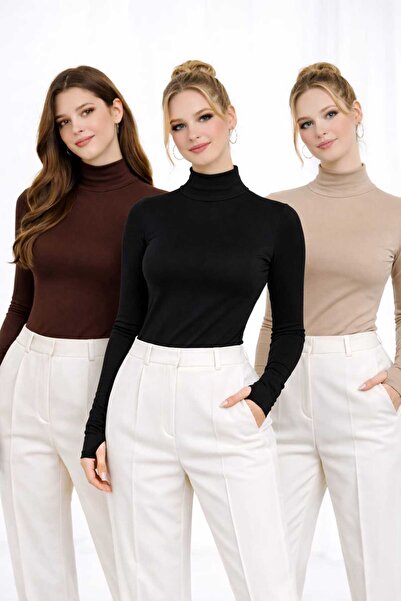 MODARENGİN Women's Half Turtleneck Bodysuit with Finger Detail, Stylish Desig...