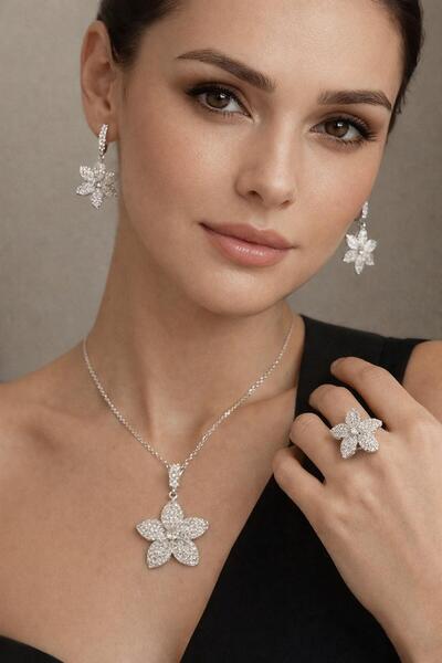 Çeram Çelik Zirkon Yonca Figürlü 3 lü Kolye Küpe Yüzük Gümüş rengi Takı Seti