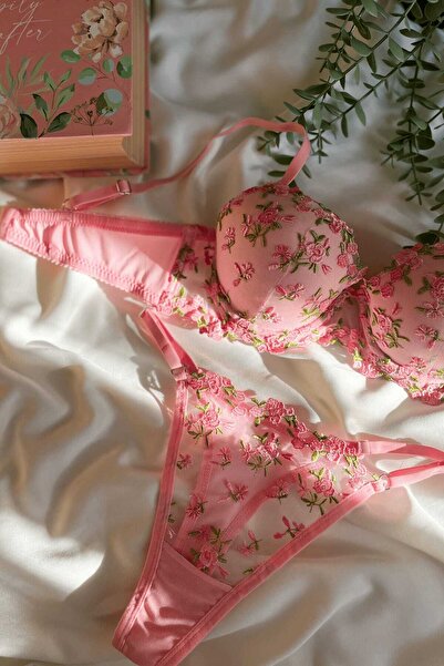 arona lingerie Pembe Çıtır Çiçekli Desteksiz Sütyen Takım