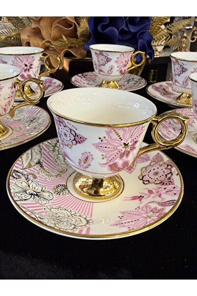 Kosova 6-Piece Footed Gilded Pink Color Coffee Cup Set. 90 ml