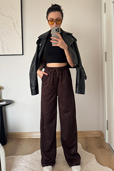 İlayda Toprak Glow Kahverengi Cyrstal Detail Simli Bol Kalıp Cool Eşofman Altı