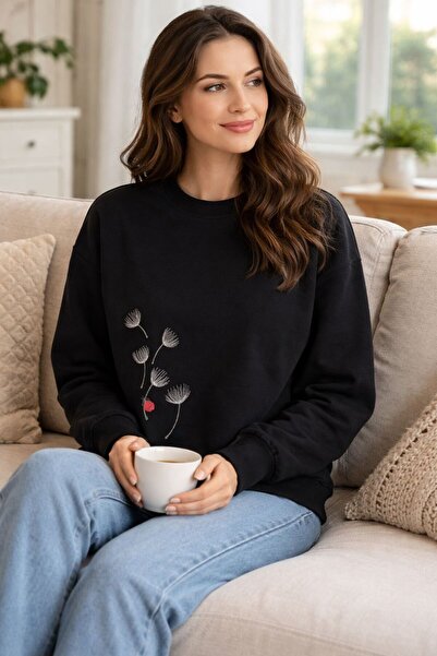 yubistitch Sweat Nakış İşlemeli Karahindiba-İnce Serisi -Siyah - 2iplik