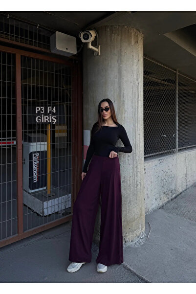 Caddebostan Moda Burgundy Spanish Flare Fabric Pocketed Fabric Trousers Moder...