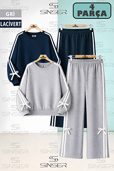 SS SİNSER Bow Detailed Plain Girls' Ribbon Crew Neck 2-Piece Tracksuit Set
