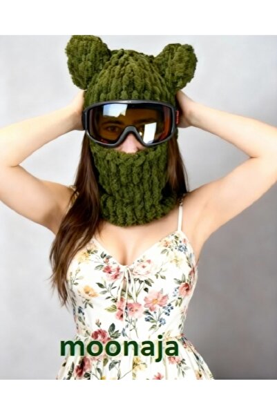 moonaja Unisex - Ayıcık Kurbağa Kulaklı Puffy Bere Şapka Kayak Kar Maskesi Ba...