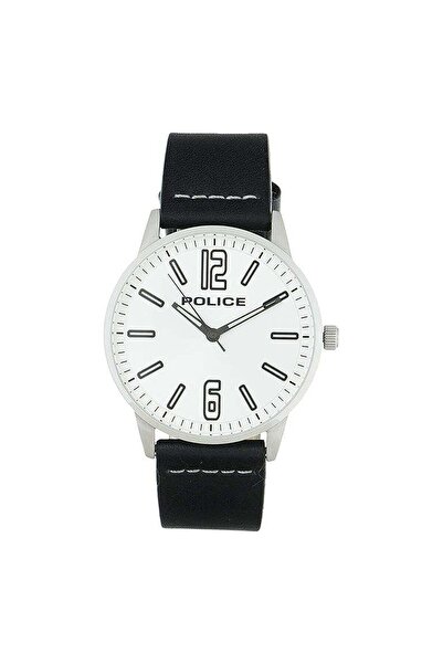 Police Men's Black Leather Watch, White Dial