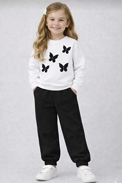 BEBEĞİME ÇORAP Girl's Butterfly Black-White Tracksuit Set