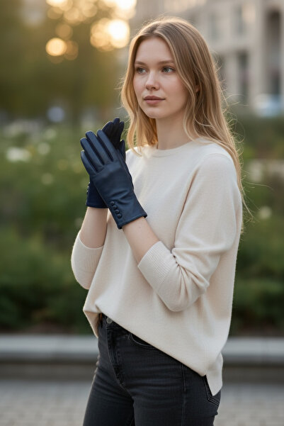 LOVE Deri Koyu Mavi Kadın Eldiven Düğme detaylı-Telefon ile kullanılabilir