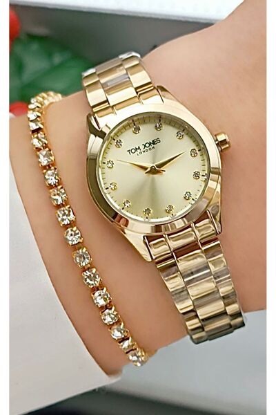 Tom Jones Yeni Model İçi Taşlı Kadın kol Saati Bikolor+Bileklik Hediyeli