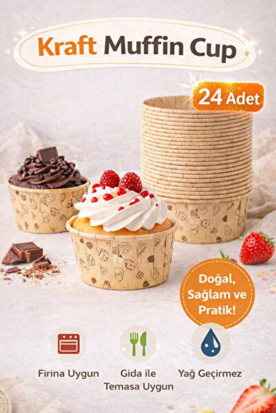 Tilbe Home 24’lü Kraft Muffin Cupcake Kek Kapsülü Naturel Donut Baskılı Kalıp...