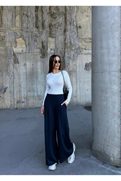 Caddebostan Moda Navy Blue Spanish Leg Fabric Trousers with Pockets Modern Pr...