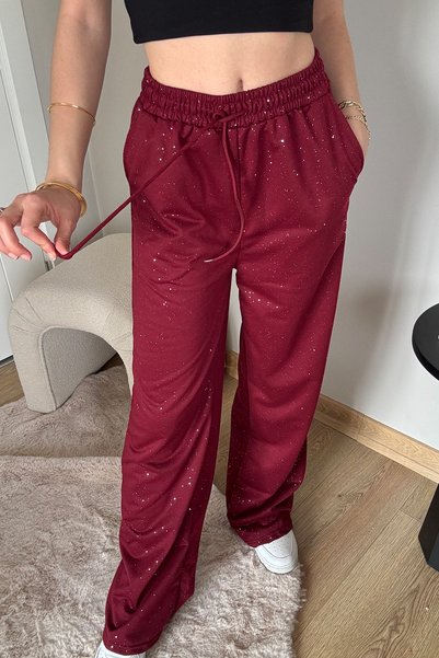 İlayda Toprak Glow Burgundy Cyrstal Detail Glittery Loose Fit Cool Sweatpants