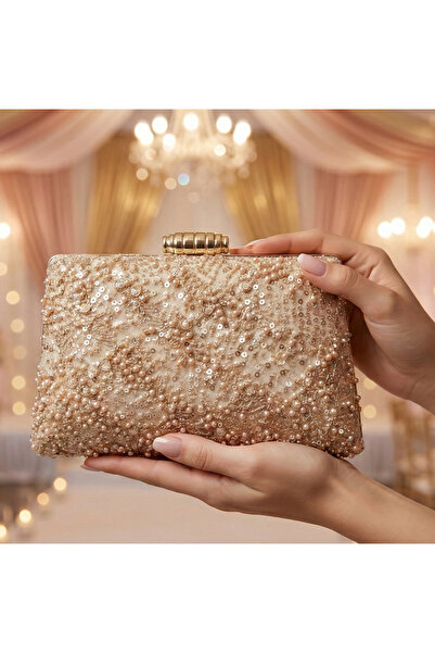 Telli Art Light Beige Patterned Evening Dress Bag – with Handle and Chain Str...