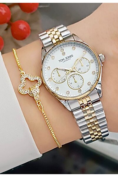 Tom Jones Women's Wristwatch with Stones Inside, Two-Tone + Bracelet as a Gift