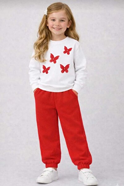 BEBEĞİME ÇORAP Girl's Butterfly Red-White Tracksuit Set
