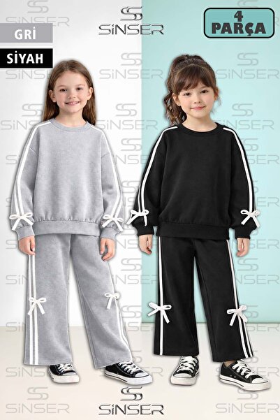 SS SİNSER Girl's 2-Piece Crew Neck Sweatshirt Set with Bow Detail