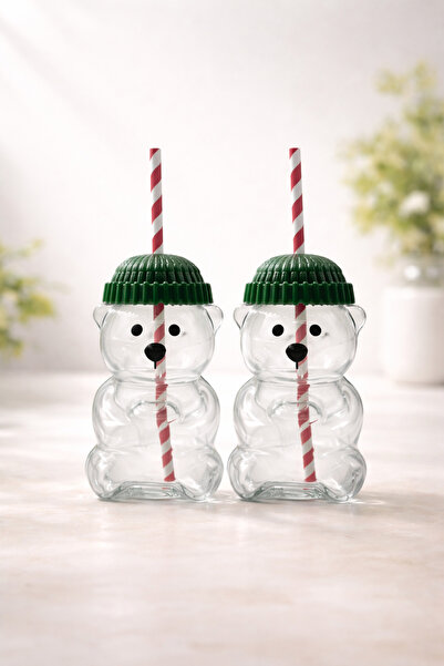 Fhilli 2-Pack Barista Glass Cold Drink Cup Cute Teddy Bear Cup 550 ml