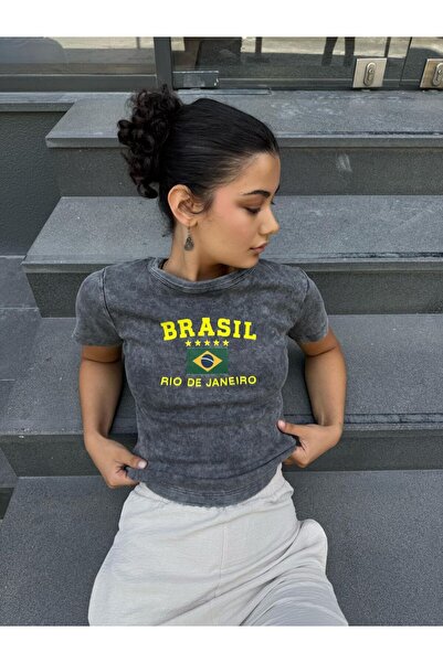 Homay Women's Anthracite Printed Washable Short Sleeve Crop T-Shirt