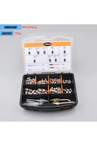 OEM Set/kit 126 de piese, injectare rapida a grasimii, nipluri,ace, dispozitive gresare,cutie 19x15x4cm