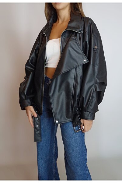 oyagüler Women's Black Faux Leather Oversize Asymmetric Zippered Lined Long B...