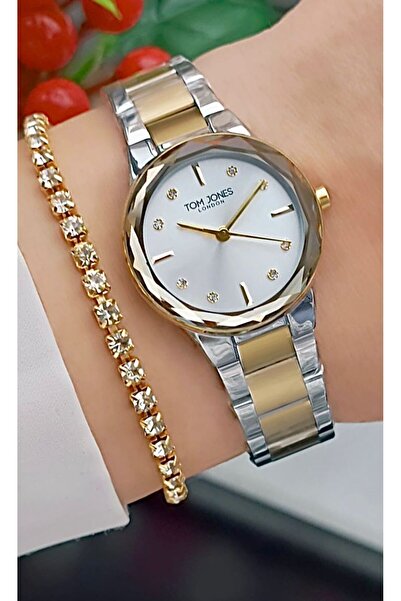 Tom Jones İçi Taşlı Kesme Cam Kadın kol Saati Bikolor+Bileklik Hediyeli