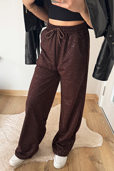 İlayda Toprak Glow Kahverengi Cyrstal Detail Simli Bol Kalıp Cool Eşofman Altı