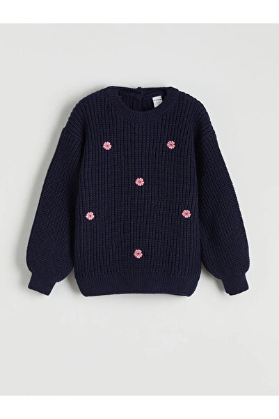 LC Waikiki Pulover tricotat pentru fete, brodat, cu guler rotund, albastru marin