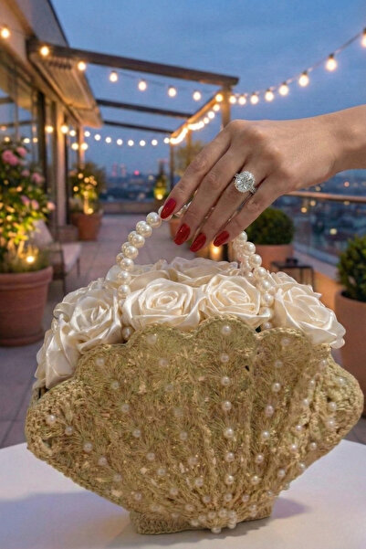 LunivellArt İncili Midye İstridye Hasır Çanta ve Solmayan Beyaz Saten Kurdele...