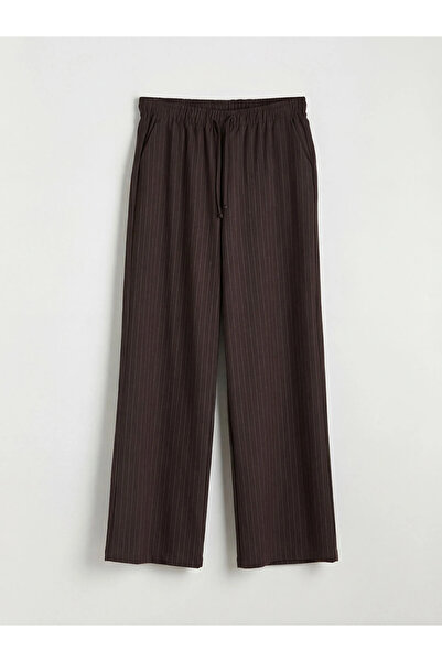 LC Waikiki Brown Elastic Waist Striped Wide Leg Women's Trousers