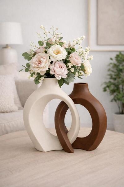 Store Lithora İç İçe Modern Dekoratif Vazo Seti – Krem & Kahverengi vazo