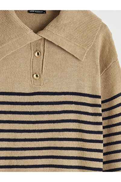 LC Waikiki Pulover tricotat de damă cu guler polo în dungi, bej