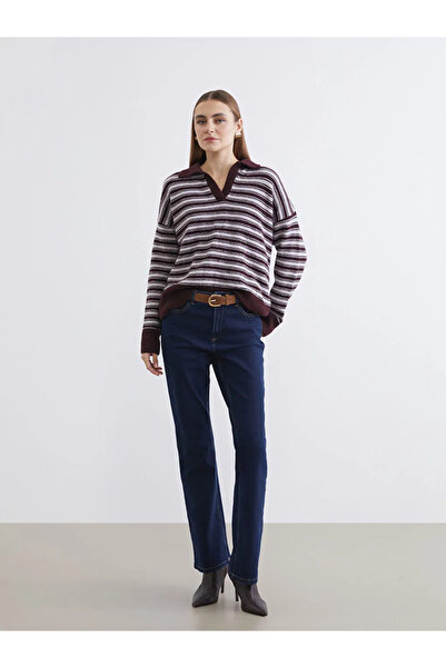 LC Waikiki Claret Red Polo Neck Striped Oversized Women's Knitwear Sweater